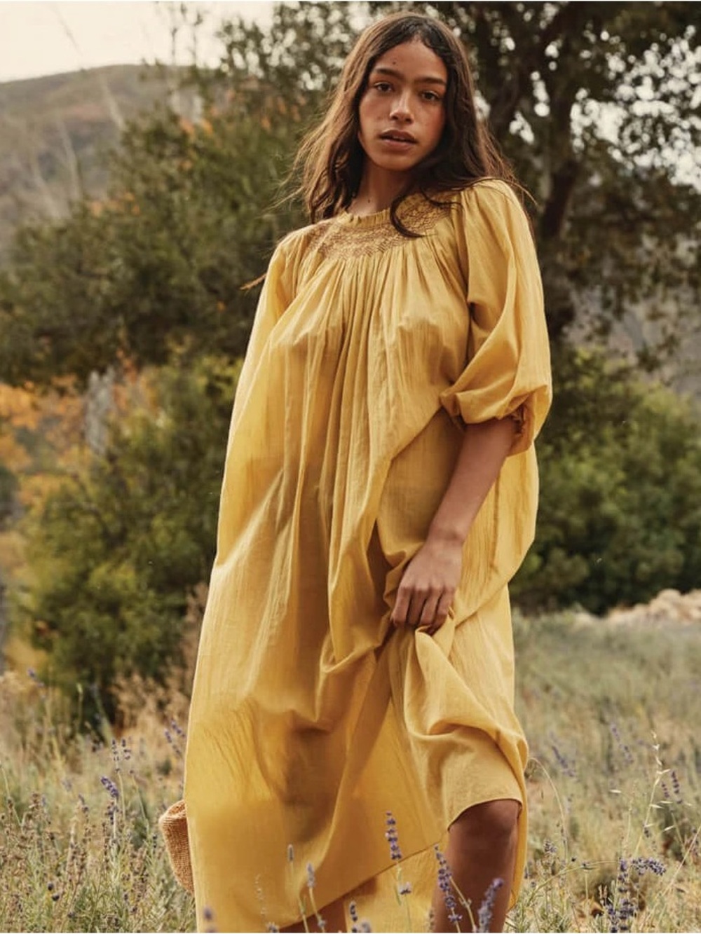 Doen Flowy Mustard Yellow Boho Smock Dress